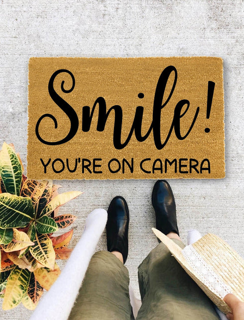 Smile You're on Camera, Closing Gift, Funny Door mat, New home gift, Wedding gift - 137